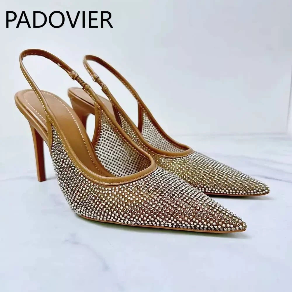 

Women's 2024 New Brown Fashion Bright Diamond Mesh Open-heeled Pointed High-heeled Sandals.