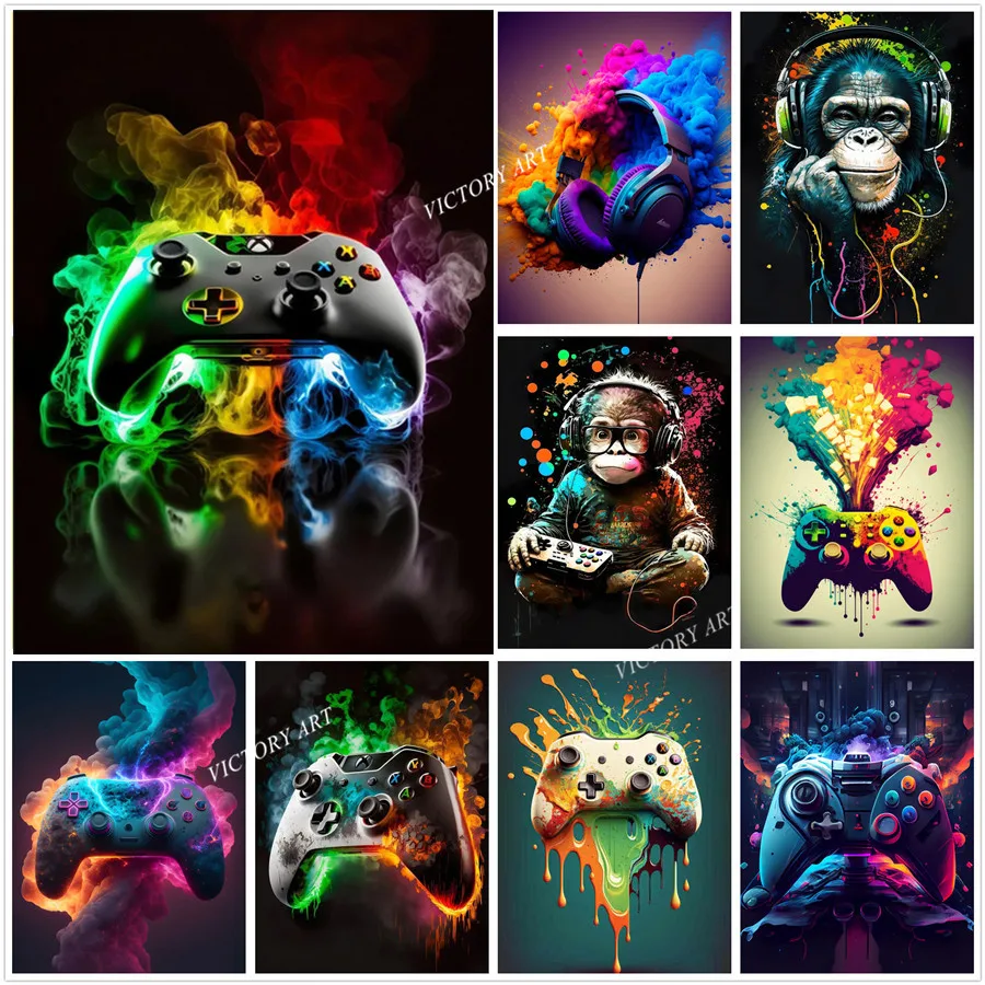 

5D Diamond Painting Gaming Headphones Video Game PS Controller Monkey Full Drill Rhinestones Diamond Embroidery Mosaic Kits Gift