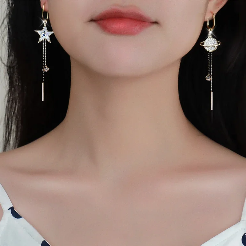 2024 New Trend Star Earth Long Tassel Dangle Earrings For Women Planet Crystal Statement Pendant Earrings Wedding Party Jewelry - Image 2