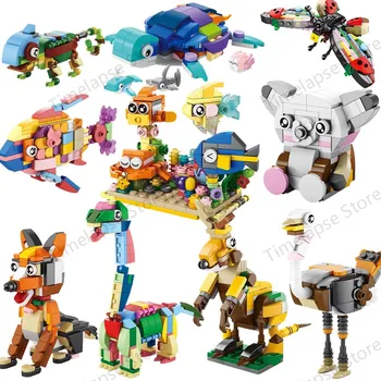 10in1 Cute Animals Fox Koala Dog Insect Turtle Dinosaur Ostrich Goldfish Fish Tank Bird Building Blocks Kit Model Toy Children