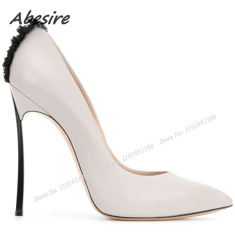 

Abesire White Back Decor Metal Heel Pumps For Women Solid Shallow Shoes Pointed Toe Slip on Stiletto Heels Zapatillas Mujer