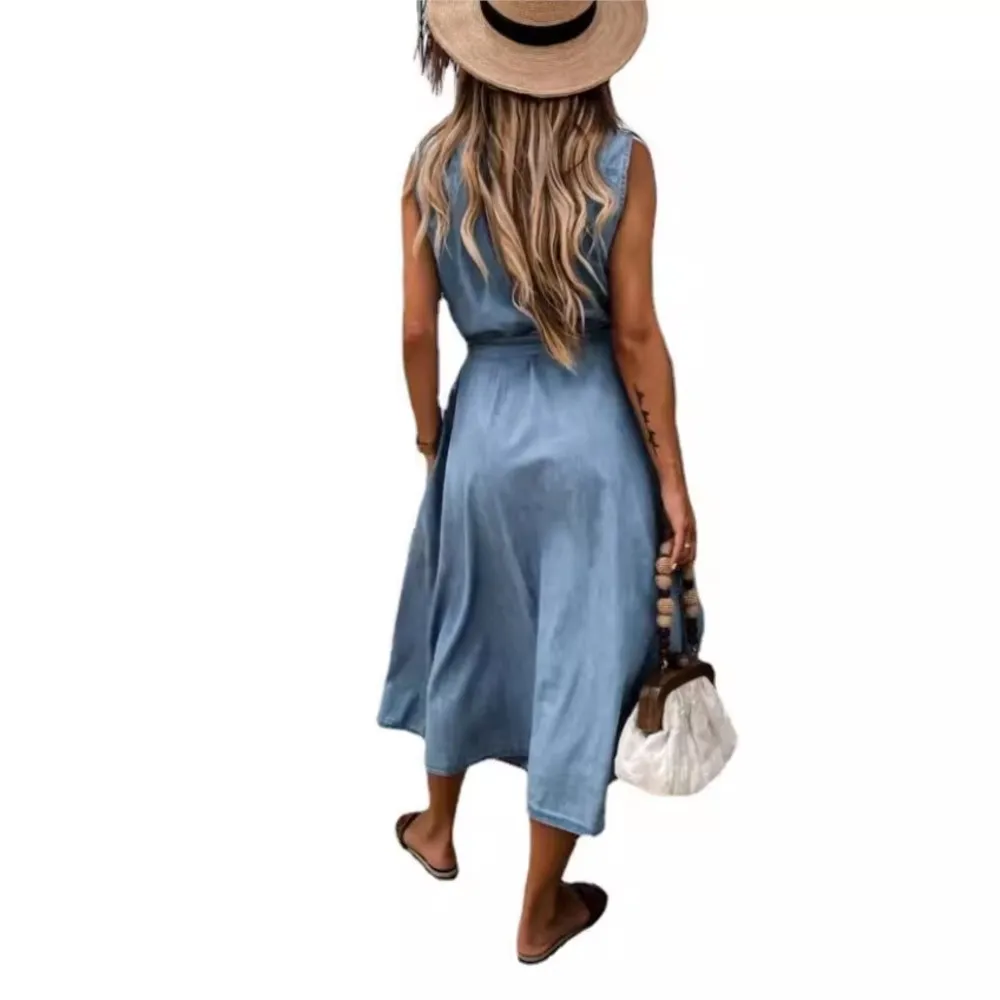 Casual Sleeveless Women Single Breasted Denim Dress Summer Fashion With  Loose Pockets And LACES Elegant Female Office Denimdress - AliExpress  200000345