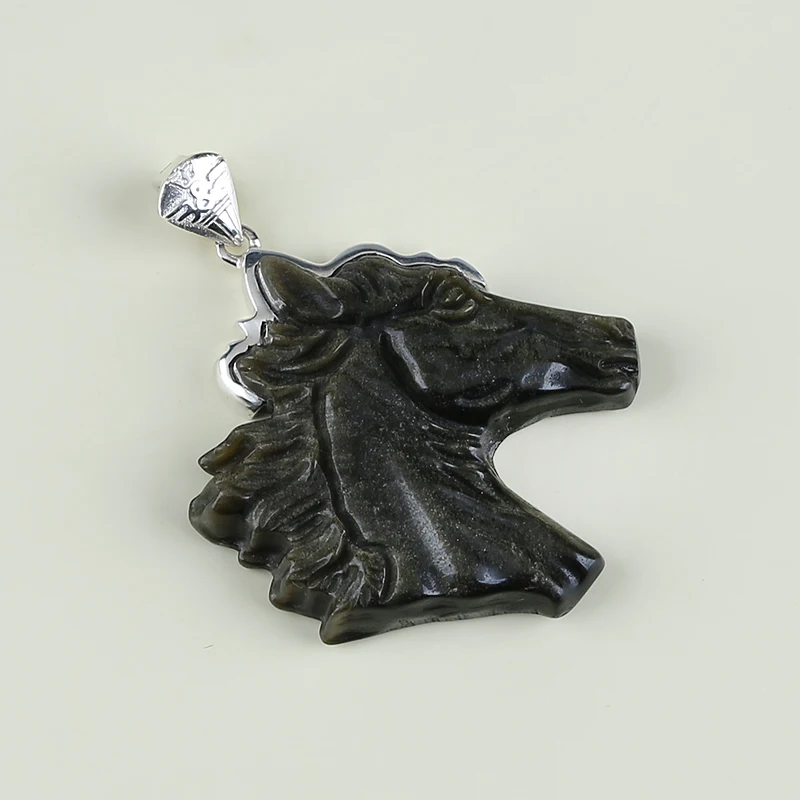 925 Silver Accessories Natural Stone Gold Obsidian Carved Horse Head Necklace Pendant Bead 47x40x9mm 24g