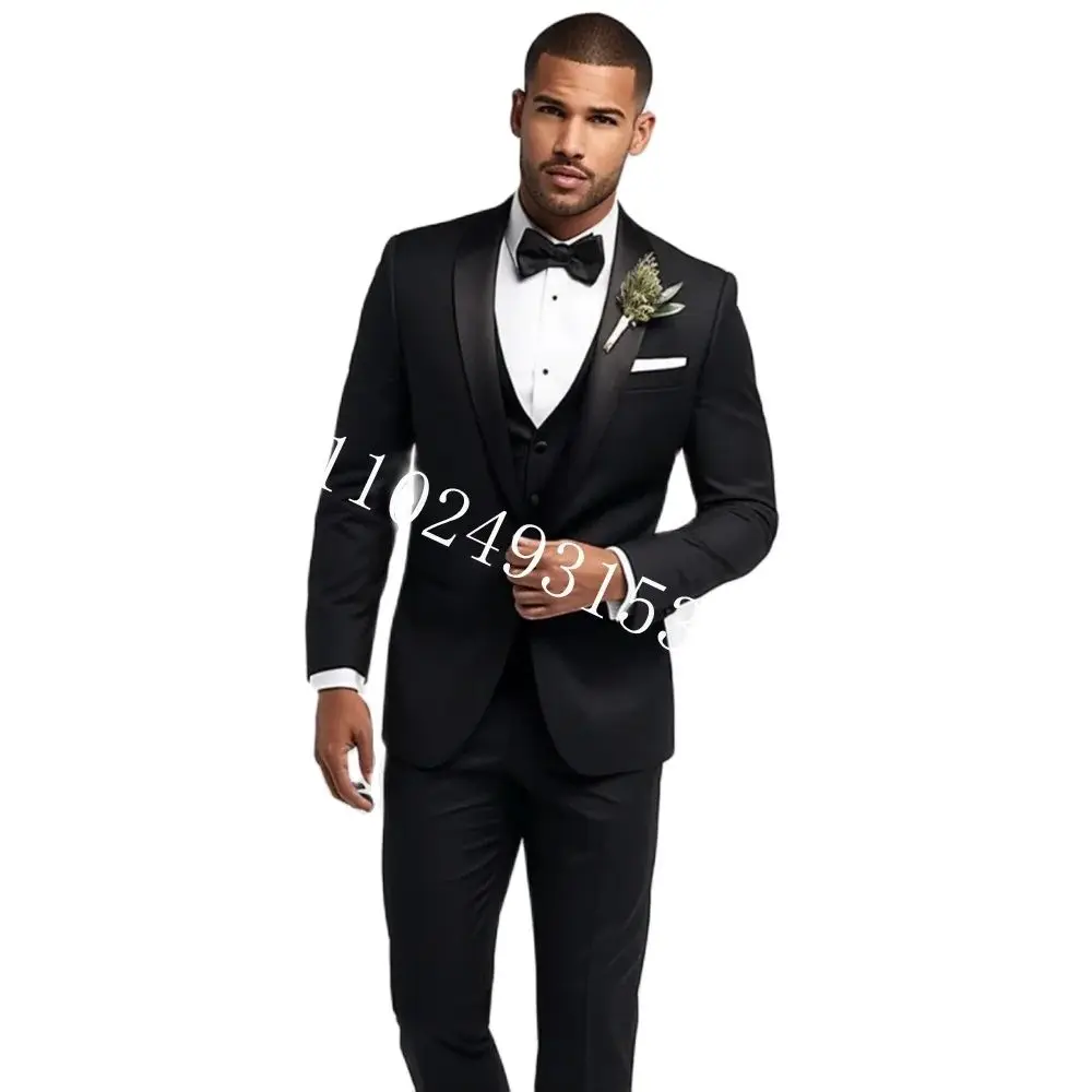 Men's Classic Black Shawl Lapel 3 Pieces Tuxedos For Wedding Slim Fit Groomsmen Suits Men Blazer+Vest+Pants Costume Homme