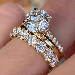 Huitan Luxury Gold Zirconia Ring Set for Women - Elegant Wedding Accessories (T0414)