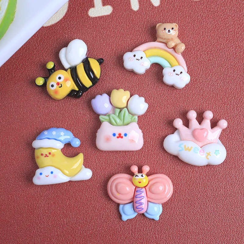 

100 Kawaii плоская задняя сторона из смолы Луна Радуга пчела бабочка Кабошон Скрапбукинг банты для волос украшение для телефона крафт своими руками украшения