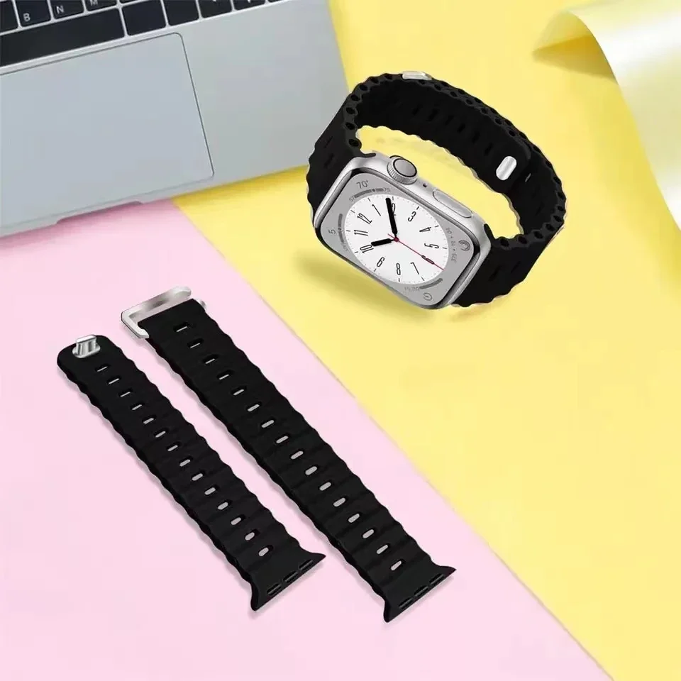 Bracelet en Silicone Souple et Respirant pour Apple Watch Ultra/2, dehors, iWatch 9 8 7 6 5 4 SE, 45mm, 41mm, 44mm, 42mm, 40mm, 49mm