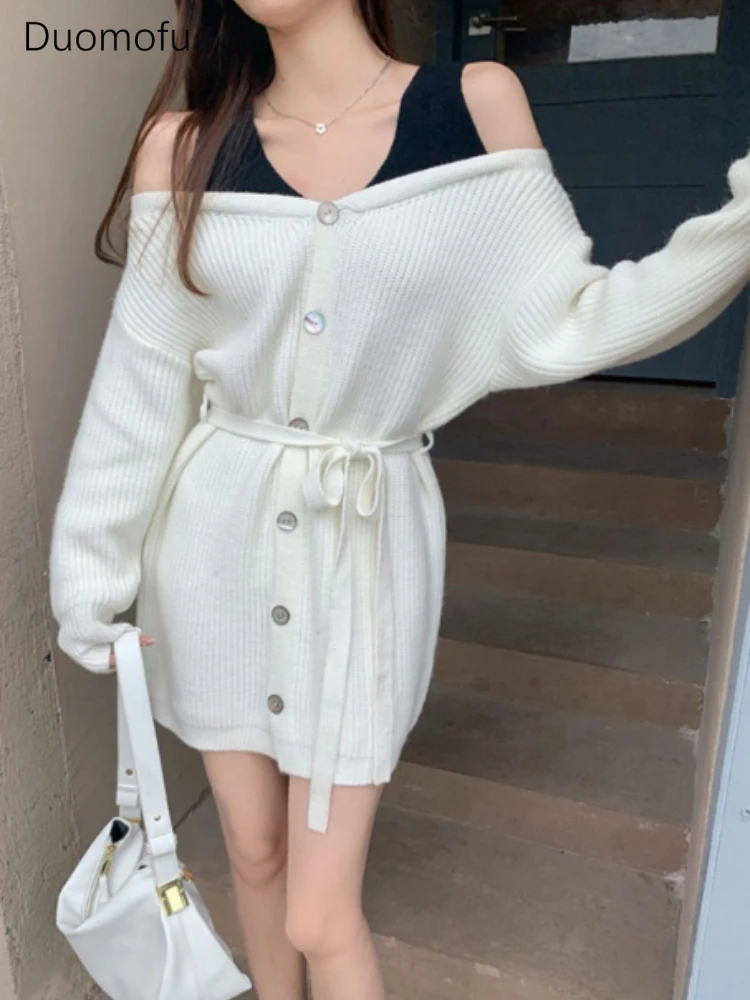 

Duomofu Korean Style White Mini Knitted Dress Women Y2k Vintage Off Shoulder Patchwork Long Sleeve Tunic Dresses Lace-up Autumn