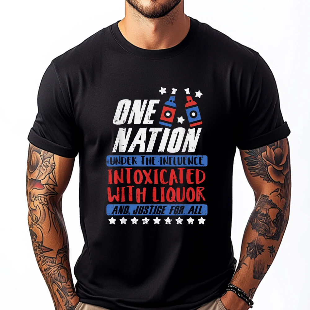 One Nation Liquor Usa 4th Crew Neck Tshirts Summer Tops & Tees Short Sleeve Newest Pure Cotton Graphic Tops Shirts Printed Mens One Nation Liquor Usa 4th Of July Party Drinking Team_B11788