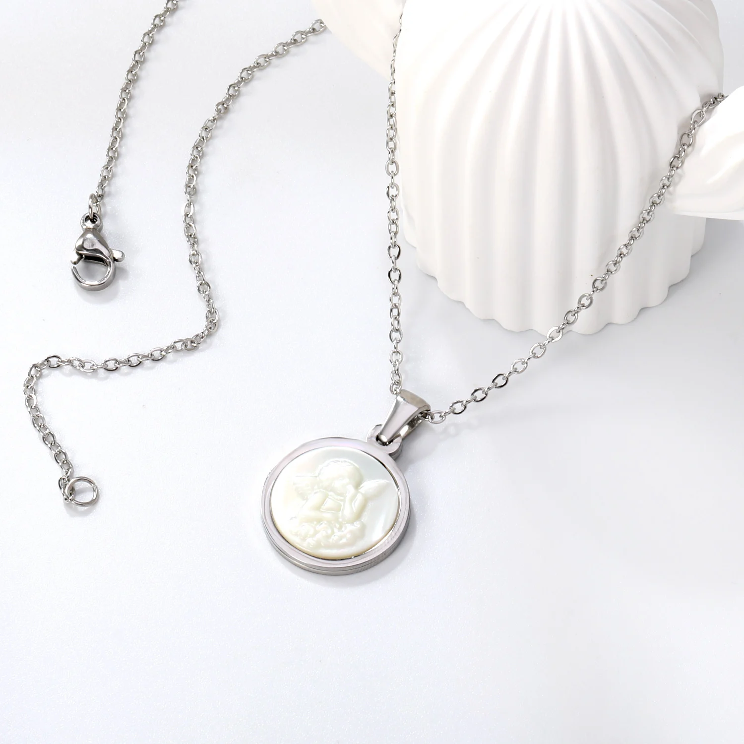 LUXUKISSKIDS Round Pattern Imitation Pearl Engrave Prayer Girls Pendant Necklace Religious Trendy Carve White Shell Choker Colar 5 LUXUKISSKIDS Round Pattern Imitation Pearl Engrave Prayer Girls Pendant Necklace Religious Trendy Carve White Shell Choker Colar - Image 5