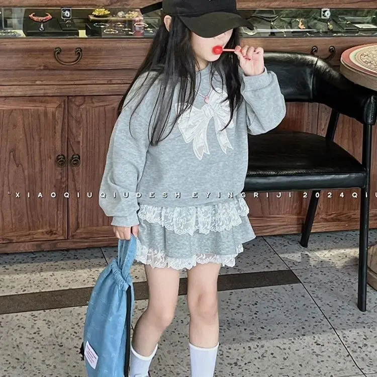 Spring Autumn Korean Kids Girls 2PCS Clothes Set Stylish Bow Sweatshirt Cotton Lace Skirt Suit Childrens Girls Outfits kids clothing set girls clothing set kids sweatshirt set