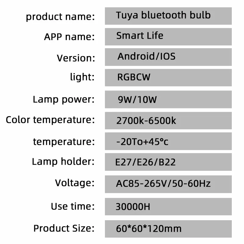Tuya Bluetooth RGB LED Bulb APP Control 2700-6500K Stepless Dimmable Smart Life 9W RGB + CW + WW Color Change Lamp AC85-265V E27 E26 smart led light bulbs