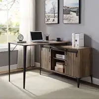 Wooden Writing Desk with Storage Cabinet, Computer Desk with 2 Slide Door, Brown and Black 1