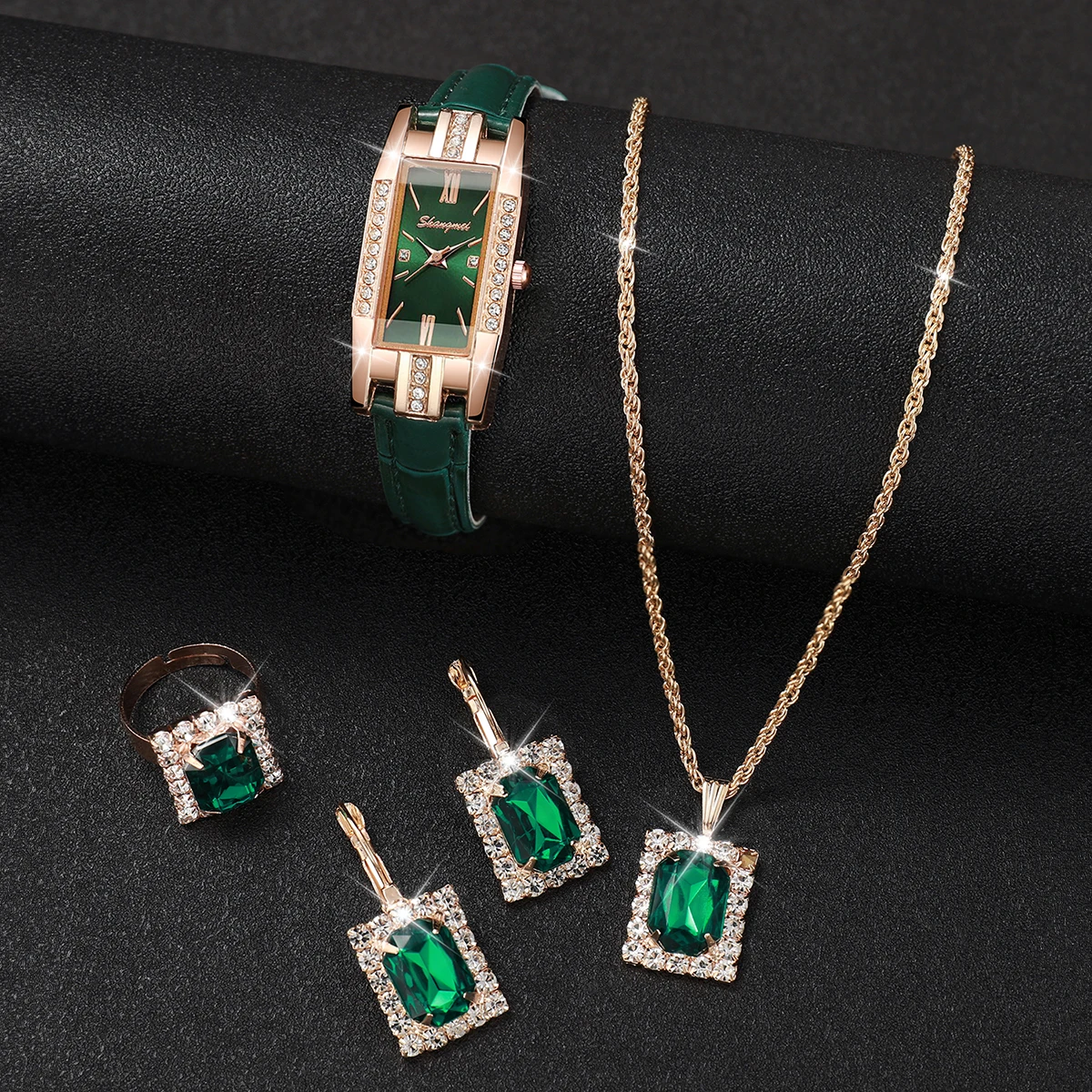 5PCs/Set Women's Watch Set Fashion Style Artificial Synthetic Diamond Jewelry Set, Gift for Girlfriend, Mom, Wife