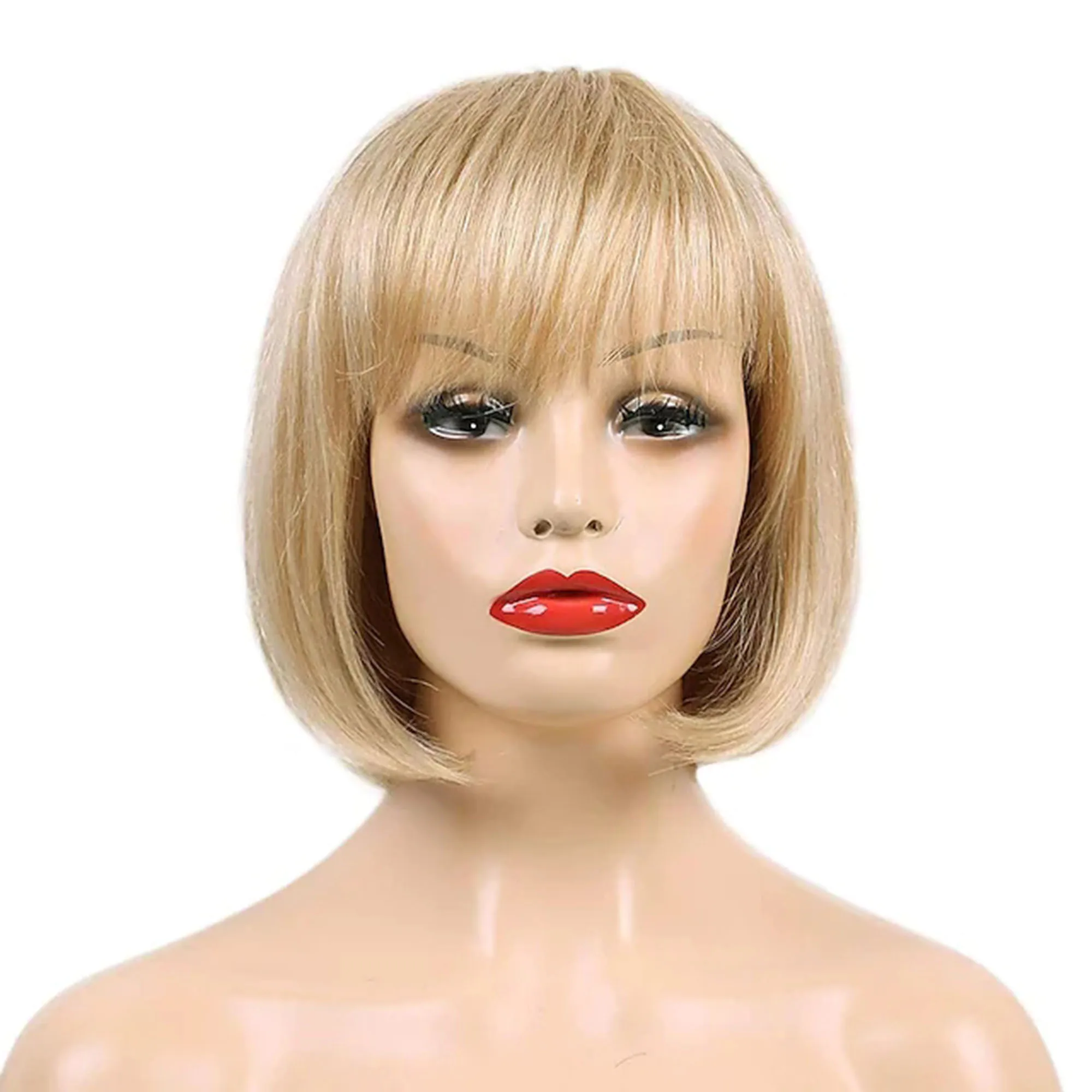 

Human Hair Blend Wig Medium Length Natural Straight Bob With Bangs Blonde Women Capless Women's Wig for White Women