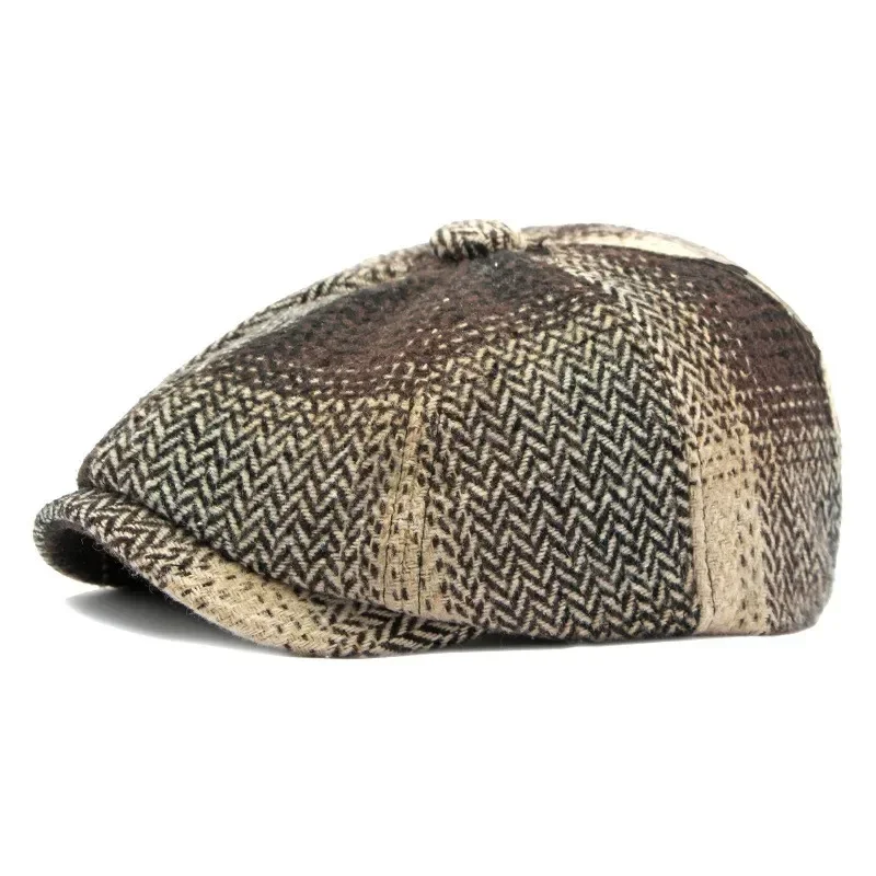Men and Women Retro Octagonal Newsboy Cap Beret Hat Thickened Knitted Duck Tongue Painter Hat Plaid Street Forward
