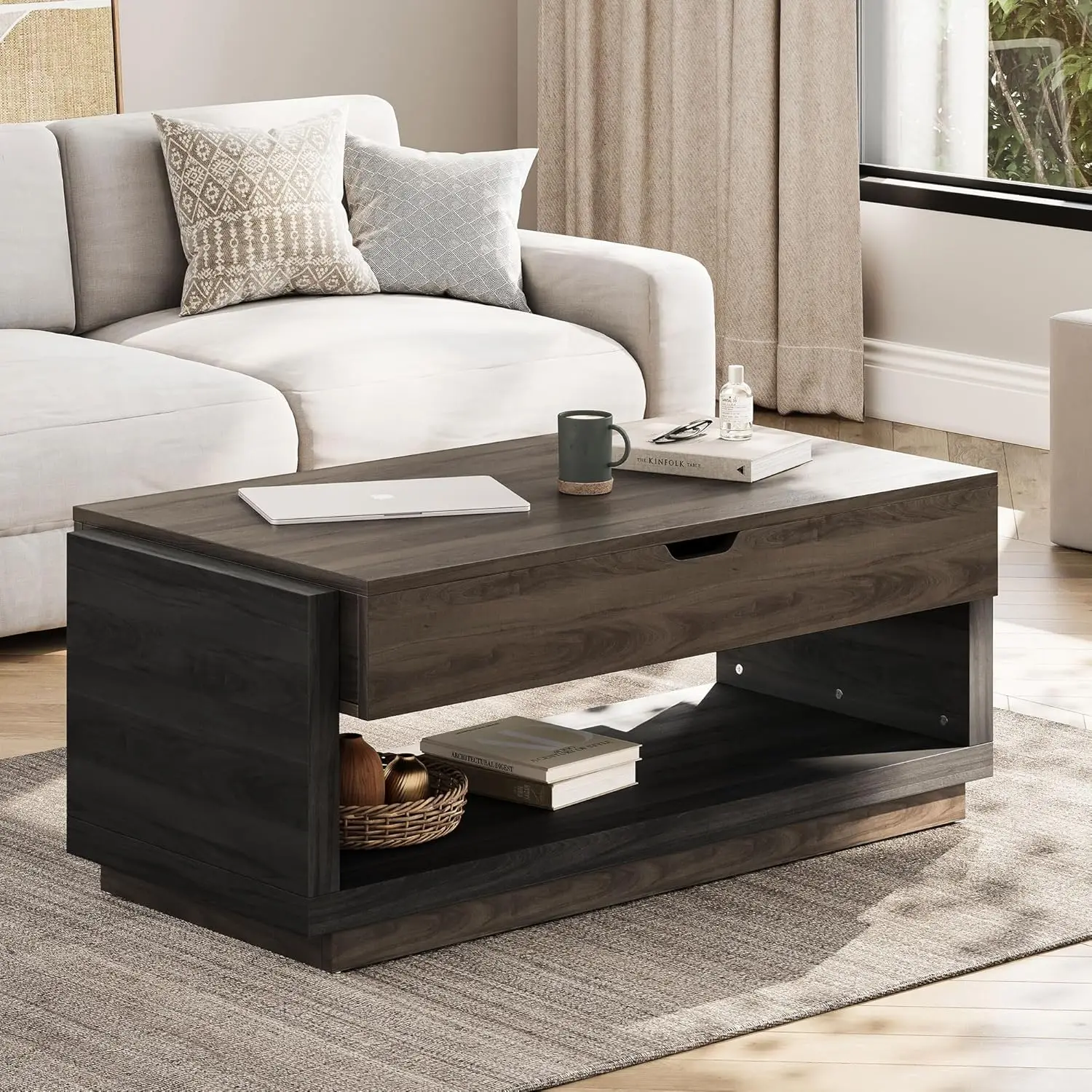 Coffee Table, Lift Top Coffee Table with Hidden Compartment and Open Storage Shelf, Central Table for Living Room 2
