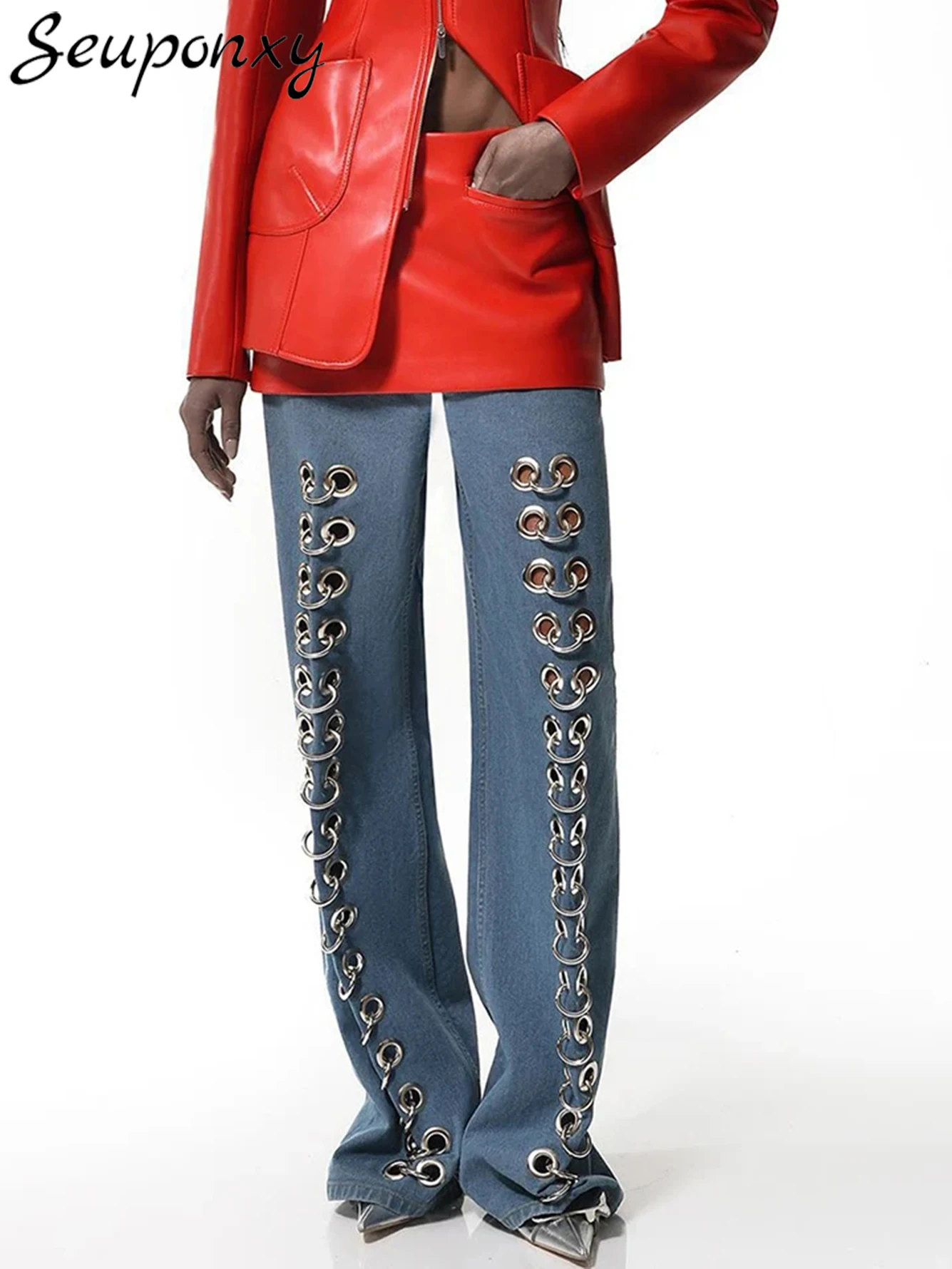 

High Quality 2023 Autumn Fashion Women'S Loose Fitting Denim Pants Sexy High Waisted Metal Hollowed Out Mop Straight Blue Jeans