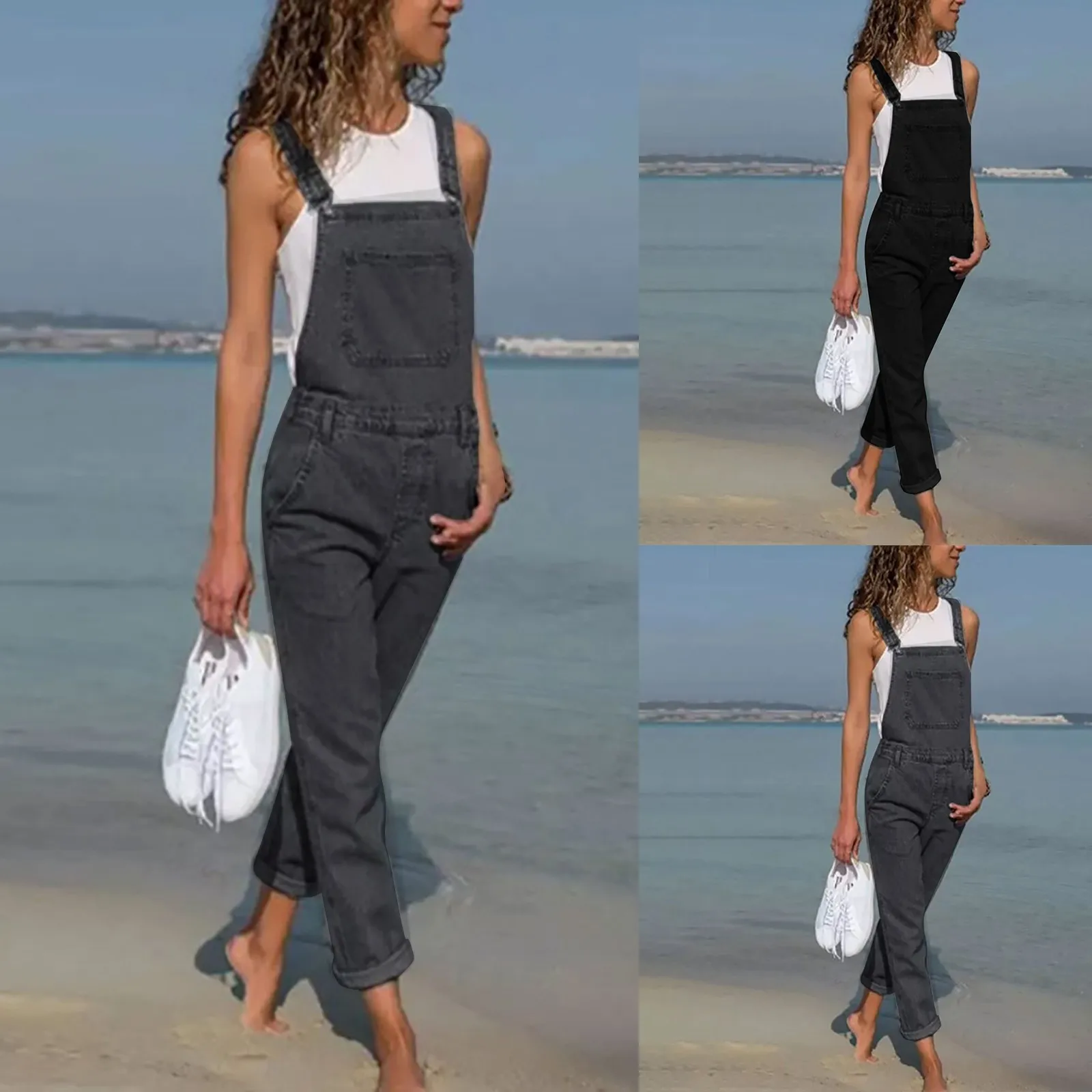 Women's Button Front Adjustable Strap Denim Dress Bodycon Overall Jean