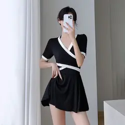 2023 New Trend Fashionable Beach Women's One Piece High Waisted Swimsuit Padded Gathered Contrasting Color Skirt Modest Bikini