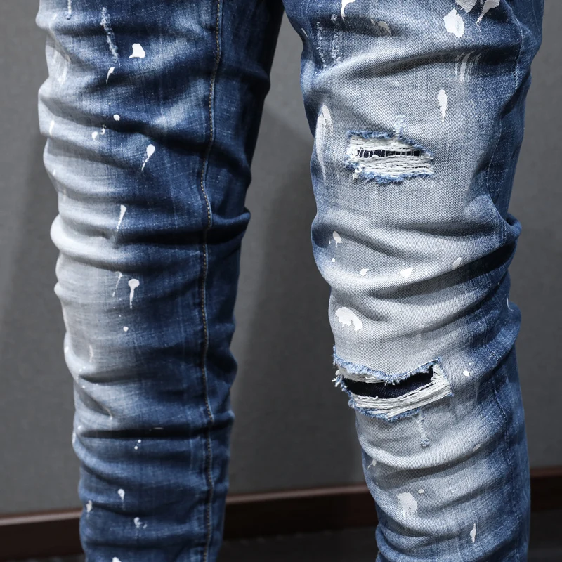 Fashion Designer Men Jeans Retro Blue Elastic Slim Stretch Ripped Jeans Men Painted Trousers Street Vintage Denim Pants Hombre