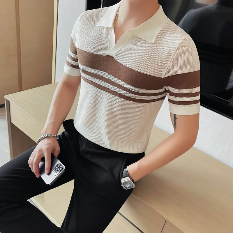 

Полосатая трикотажная рубашка-поло для мужчин, летний вязаный пуловер из вискозы с V-образным вырезом, мужские повседневные деловые футболки с лацканами, мужская одежда 4xl