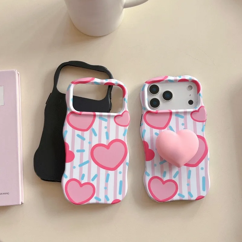 Pink Hearts Striped Wave Texture Phone Case with Bracket - Shockproof Protective Cover