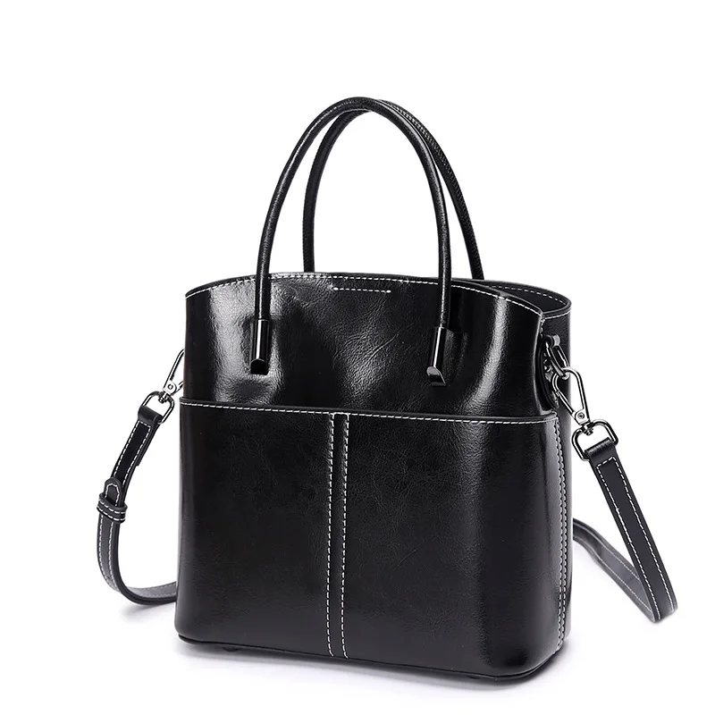 2024 Exquisite and Fashionable Versatile Oil Wax Cowhide Bucket Bag Women's Leisure Minimalist Handheld Shoulder Crossbody Bag
