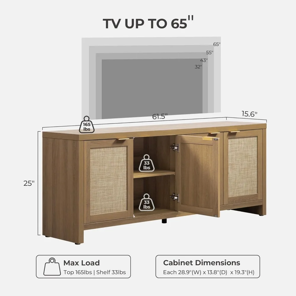 TV Stand for Living Room Rattan Entertainment Center for Bedroom with 4 Rattan Cabinets Farmhouse Television Stands 3