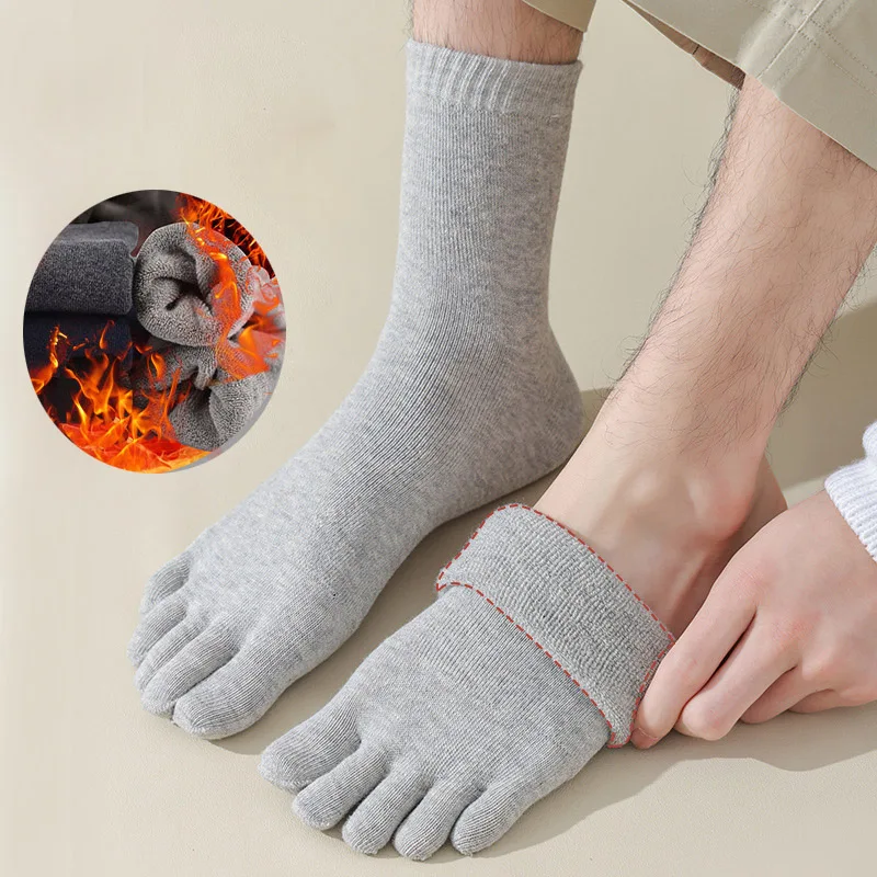 5 Pairs Large Thick Cotton Toe Socks for Men Women Autumn Winter Thermal Five Finger Sock Solid Color Warm Terry Loop Hosiery