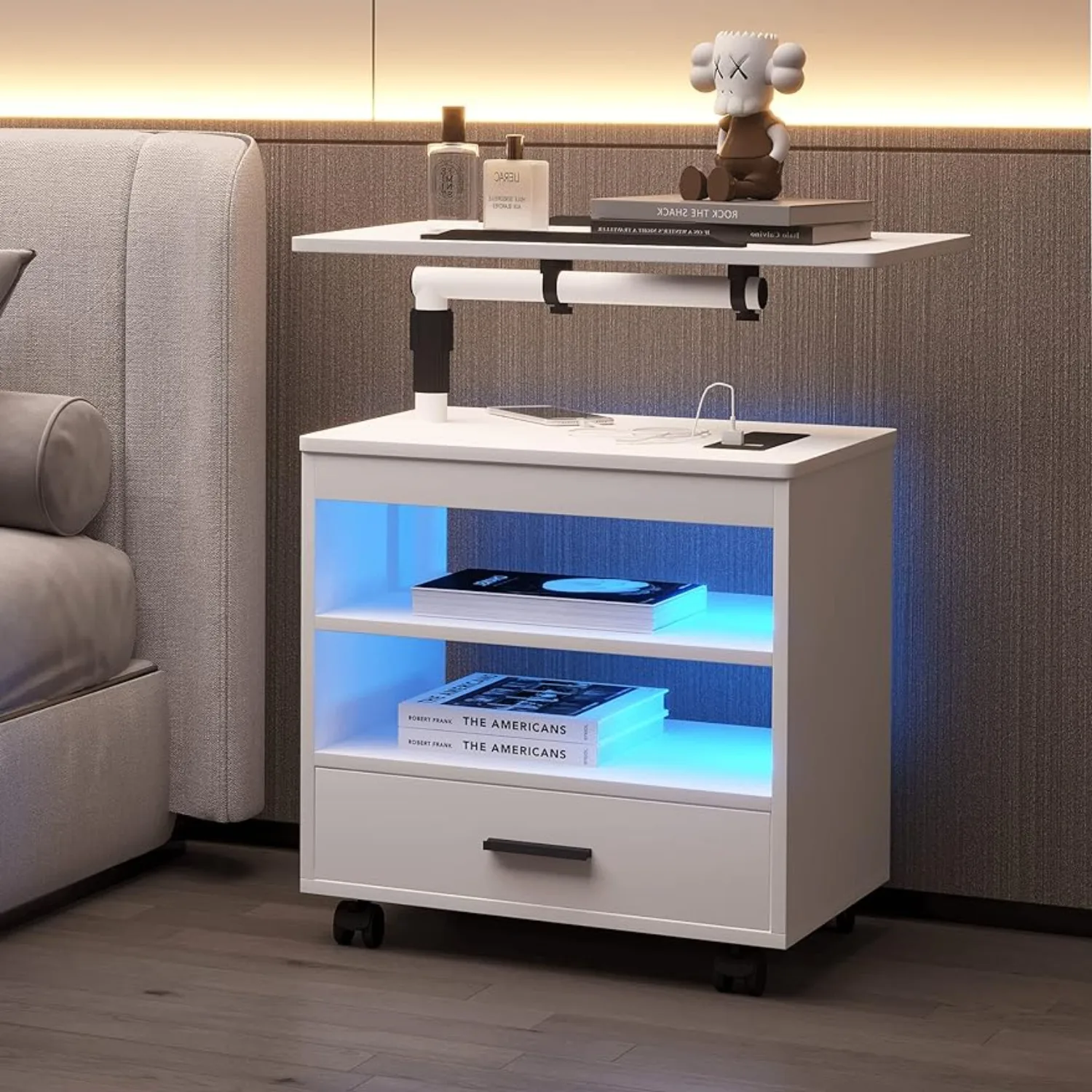 

LED Nightstand w/ Charging Station & Sockets, Modern Bedside Table, Large Side End Table, Laptop Tray Workstation, Movable Wheel