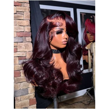 Body Wave Burgundy Red Colored Human Hair Wigs 13x4 HD Transparent Lace Frontal Wig 99J Red Pre Plucked With Baby Hair 200% 1