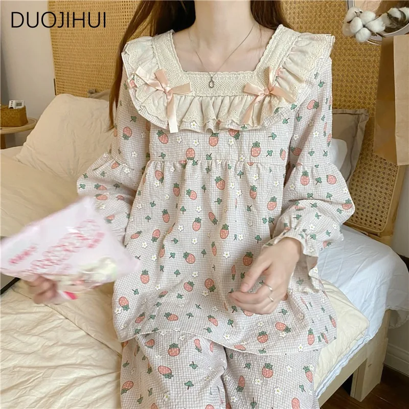 DUOJIHUI Two Piece Vintage Sweet Casual Home Pajamas for Women New Autumn Chicly Lace Simple Casual Fashion Female Pajamas Set