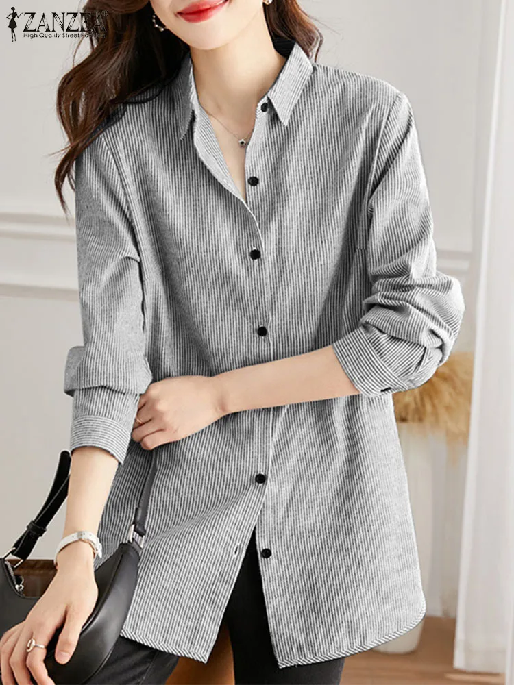 

2023 ZANZEA Fashion Striped Shirt Women Long Sleeve Lapel Neck Blouse Elegant OL Work Tops Female Buttons Holiday Blusas Mujer