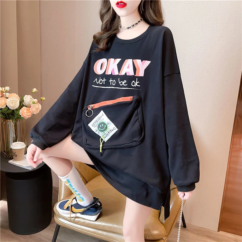 2022 Spring Autumn Korean Fashion Letter Print Oversized Streetwear Cotton Female Sweatshirt Kawaii Pocket Loose Tunic Top Women