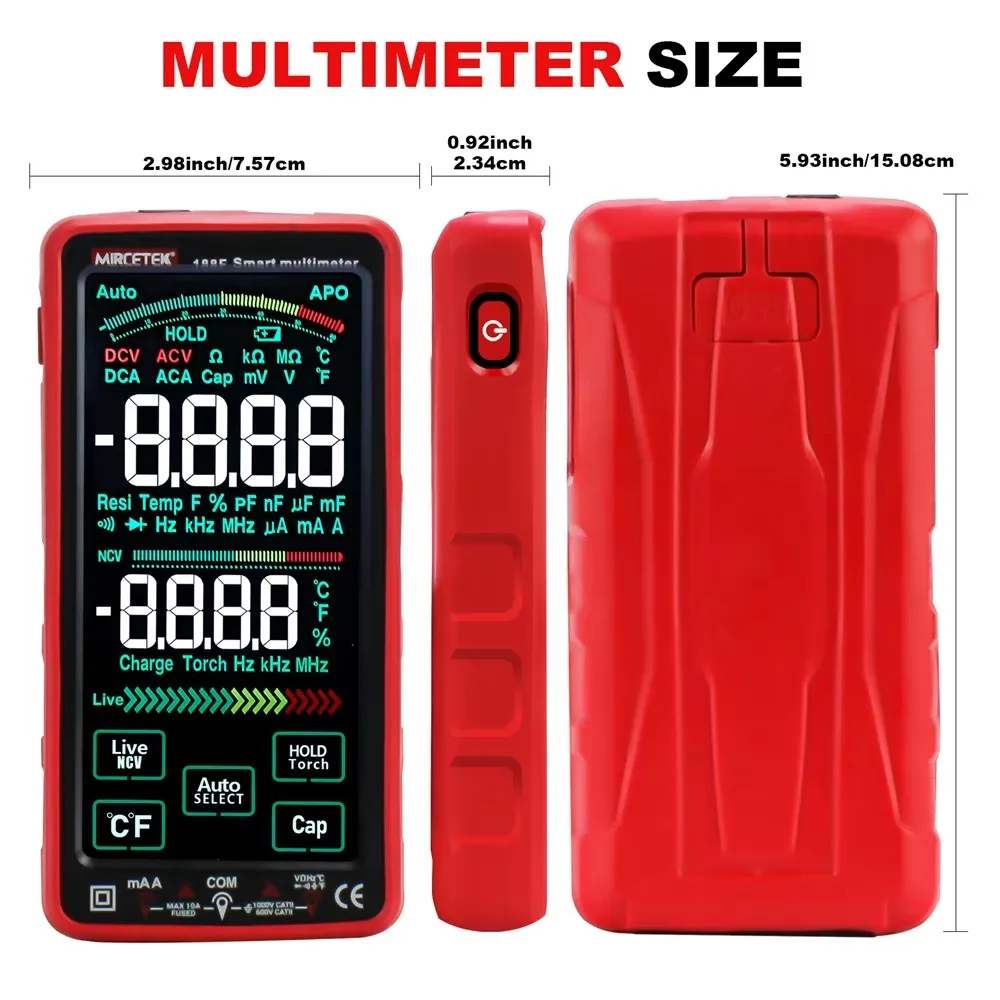 MIRCETEK Digital Multimeter 188F Touch Screen AC DC Ammeter Voltmeter Capacitance Ohm Meter Hz NCV Smart Electrical Mutitester