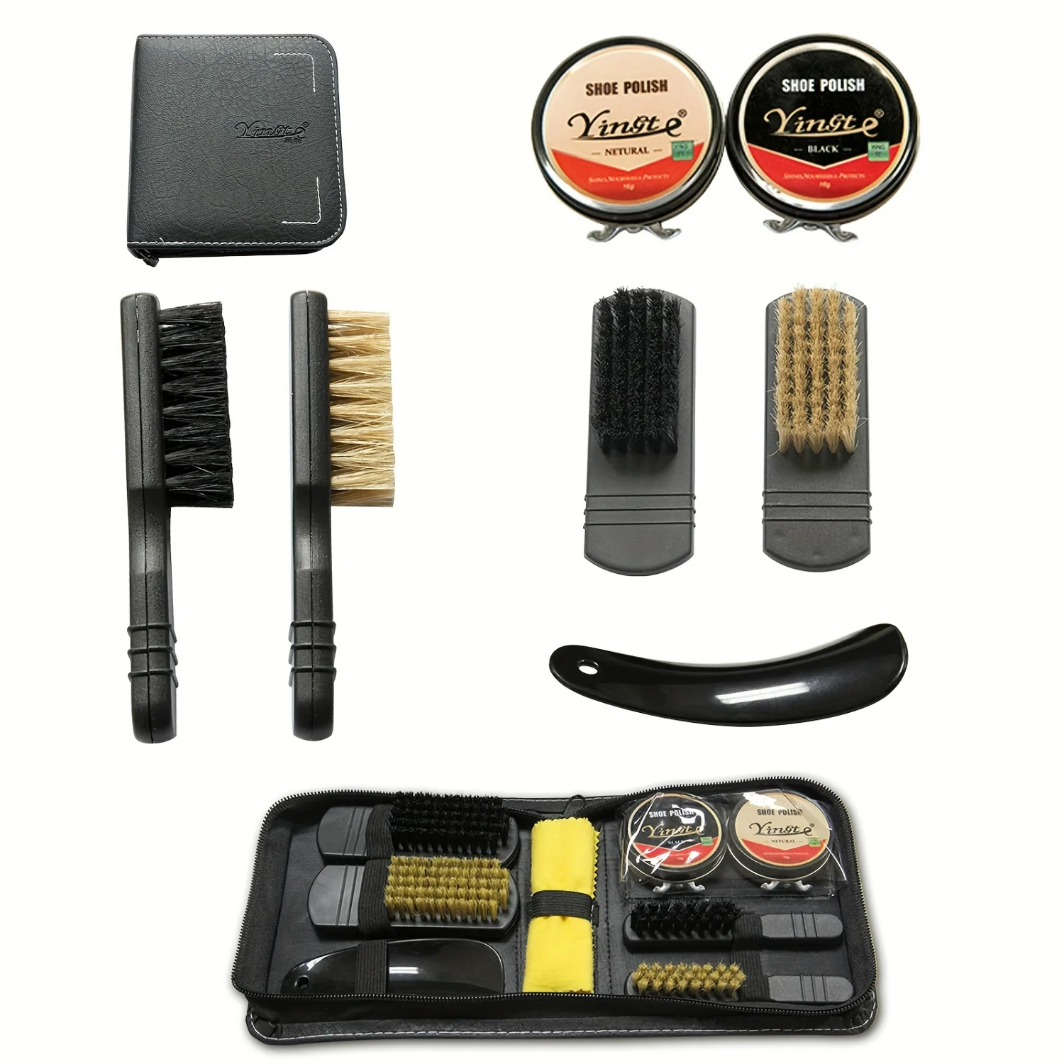 Travel Shoe Care Set Brush & Polishing Kit PU Leather Case