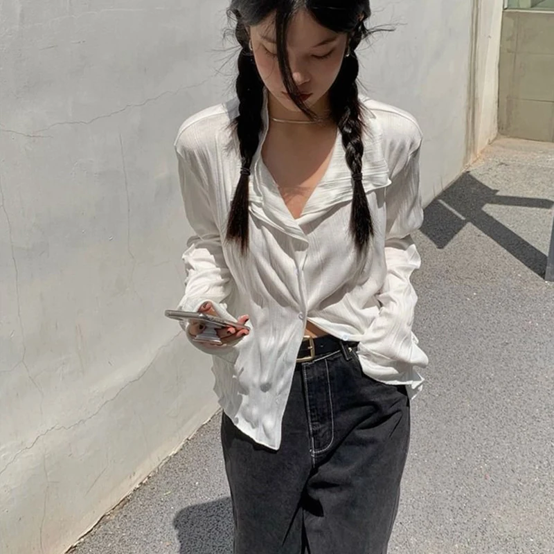 

High-Quality White Shirt Design Pleated Layered Top Spring Long-Sleeved Shirt Chic Loose Women's Solid Color Shirt