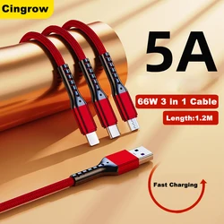 Universal 3 - in - 1 Fast Charging Cable with Durable USB A & Type C Connectors - 5A Quick Charge - 1.2m (Black)