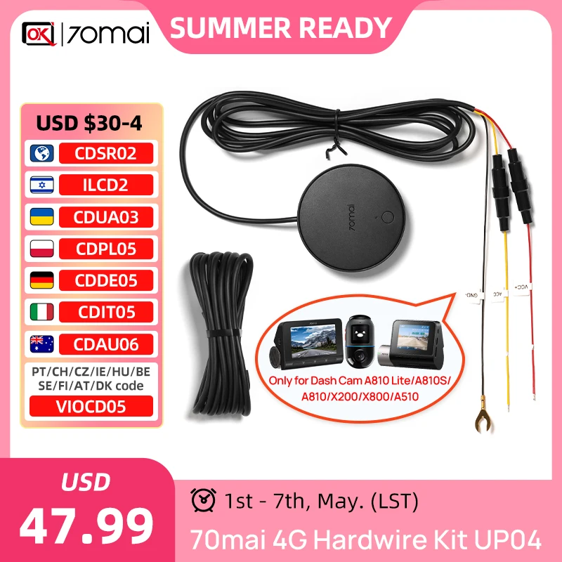 70mai 4G Hardwire Kit UP04 ONLY for T800,X800 Car Dvr A510, 4K A810 and X200 Dash Camera for Live Streaming 4G Parking Monitor