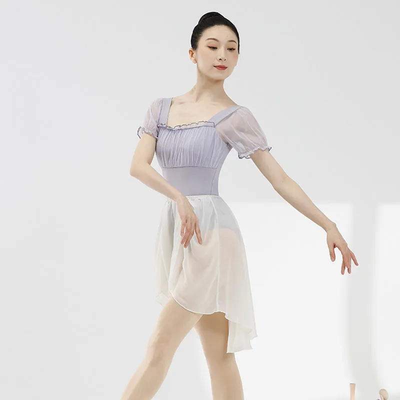 Women Ballet Leotards Pleated Gauze Gymnastics Leotards Adult purple sweet square neck Dancing Bodysuit Short Sleeves Dancewear