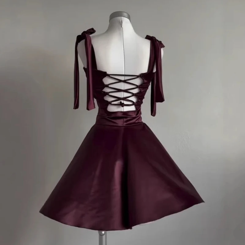 New Women's Suspender Square Neck Dress Burgundy Fashion Sexy Y2k Lace-up Princess Style Backless Waist A-word Short Party Skirt