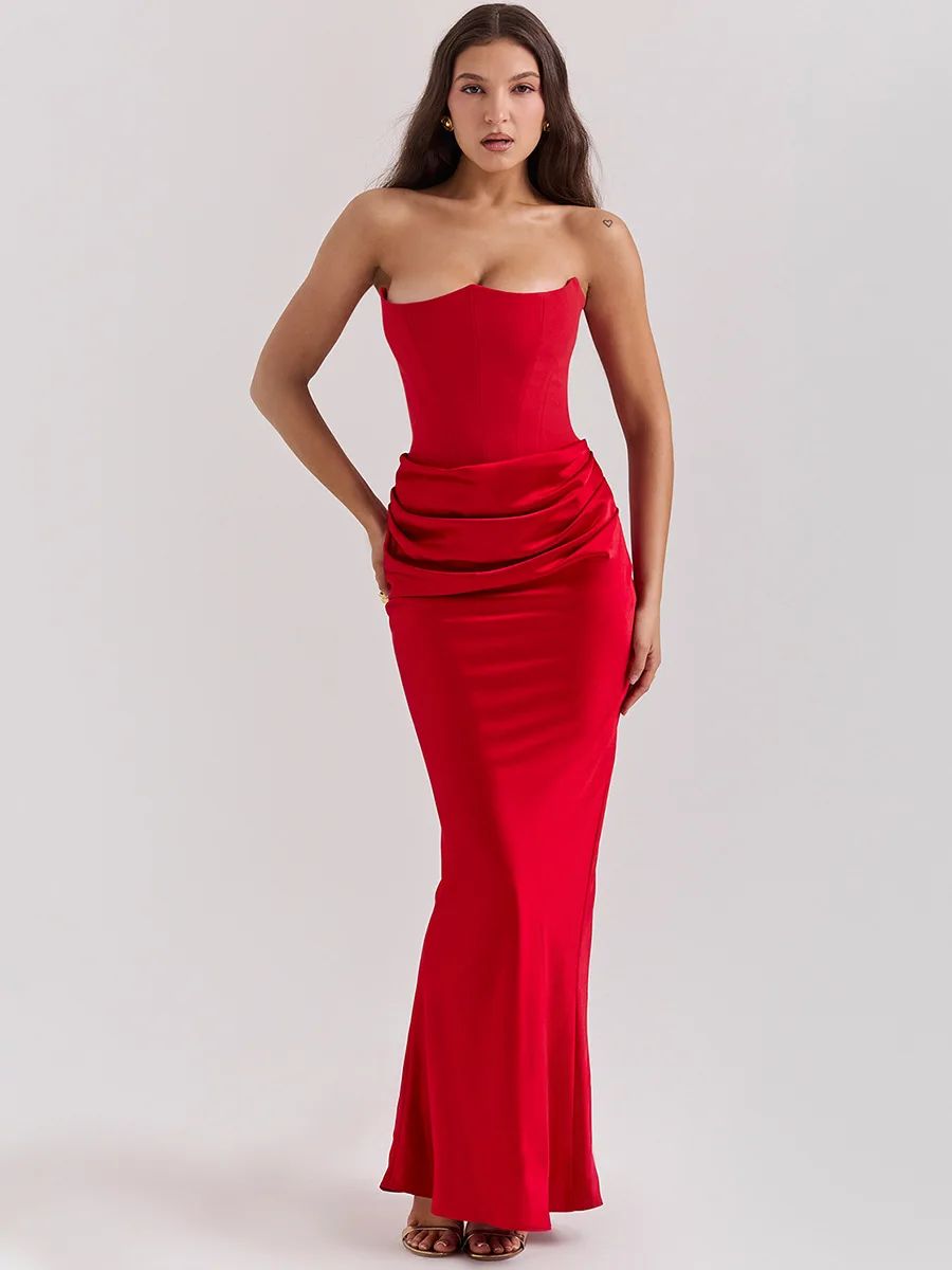 

Sexy Silky Satin Sweetheart Spaghetti Strap Split Corset Evening Maxi Dress Strapless Corset Maxi Dress Formal Occasion Dresses