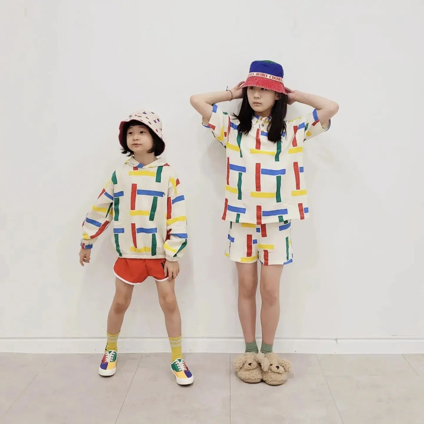 2023 BC Summer Girls' Korean Style Cute Contrast Square Polo Neck Waffle T-shirt Children's Set Children Clothing