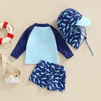 Citgeett Summer Kid Boy Swimsuit Cartoon Striped Print Beach Long Sleeve Tops + Shorts + Hat Clothes 3