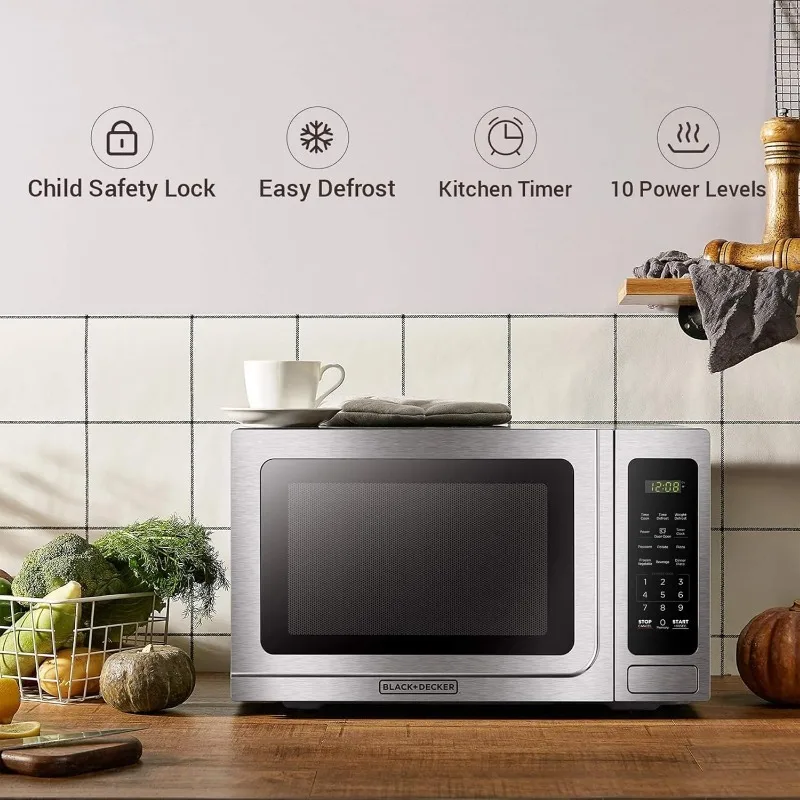 BLACK+DECKER EM036AB14 Digital Microwave Oven with Turntable Push-Button Door, Child Safety Lock, Stainless Steel, 1.4 Cu.ft 4