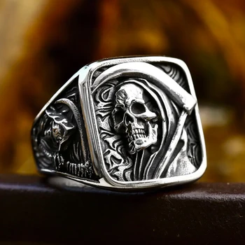 Gothic Vintage Death Sickle Skull Ring for Men 316L Stainless Steel Hip Hop Biker Skeleton Rings Punk Party Jewelry Wholesale
