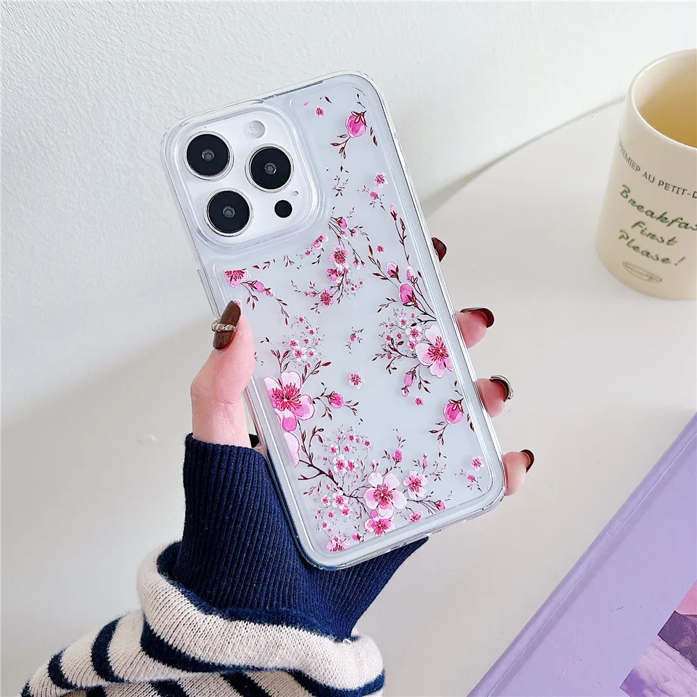 Coque de téléphone à fleurs mignonnes de style coréen INS pour iPhone 15 14 12 13 11 Pro Max 14Plus 15Plus en silicone souple transparent résistant aux chocs_voghion.com