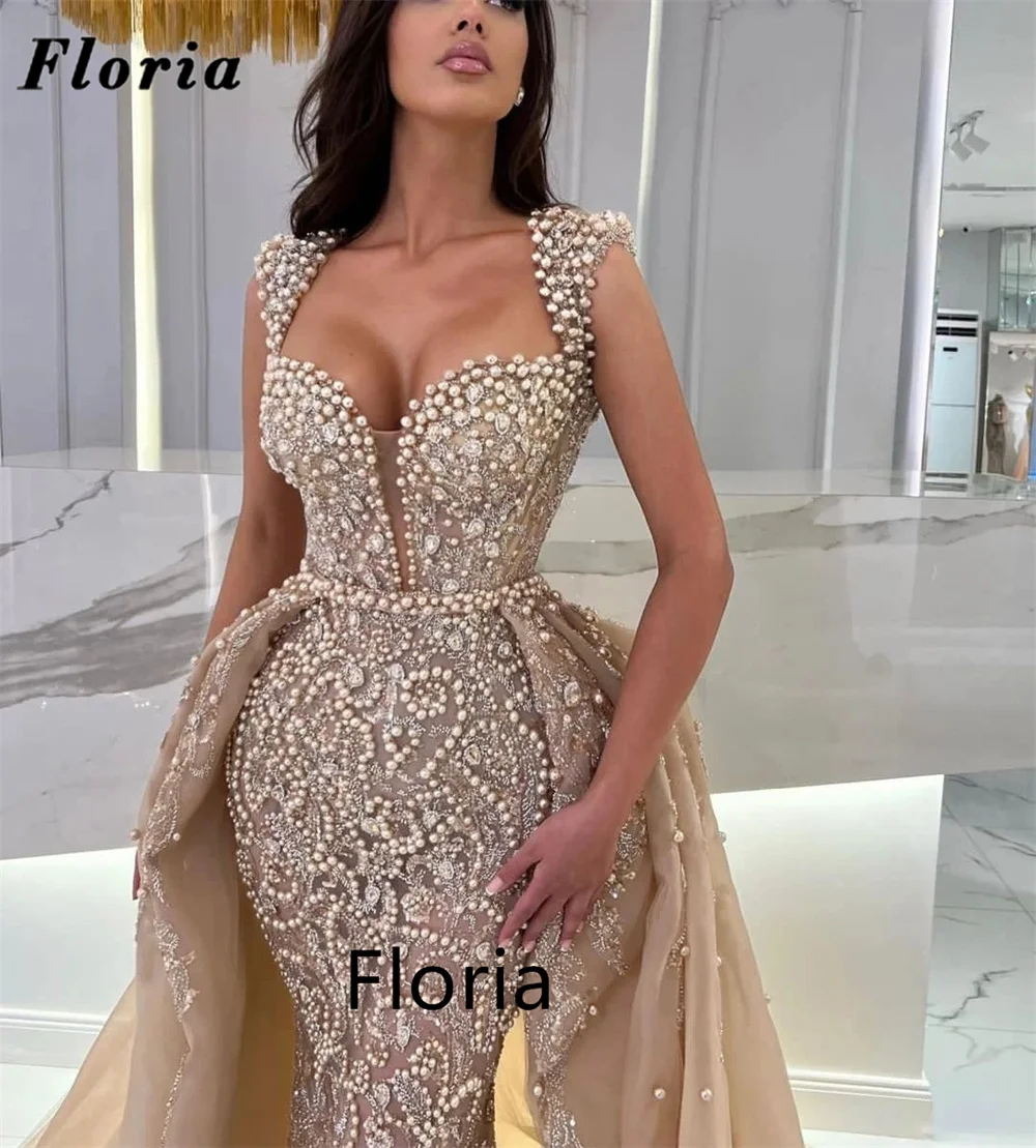 Floria Luxury Champagne Mermaid Evening Dresses Detachable Skirt Arabic Dubai Glitter Pearls Prom Dress For Wedding Party 2023