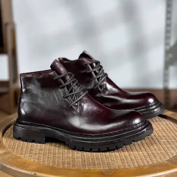 Handmade Retro Genuine Leather Desert Boots Men Casual High-top Outdoor Hiking Boots Round Head